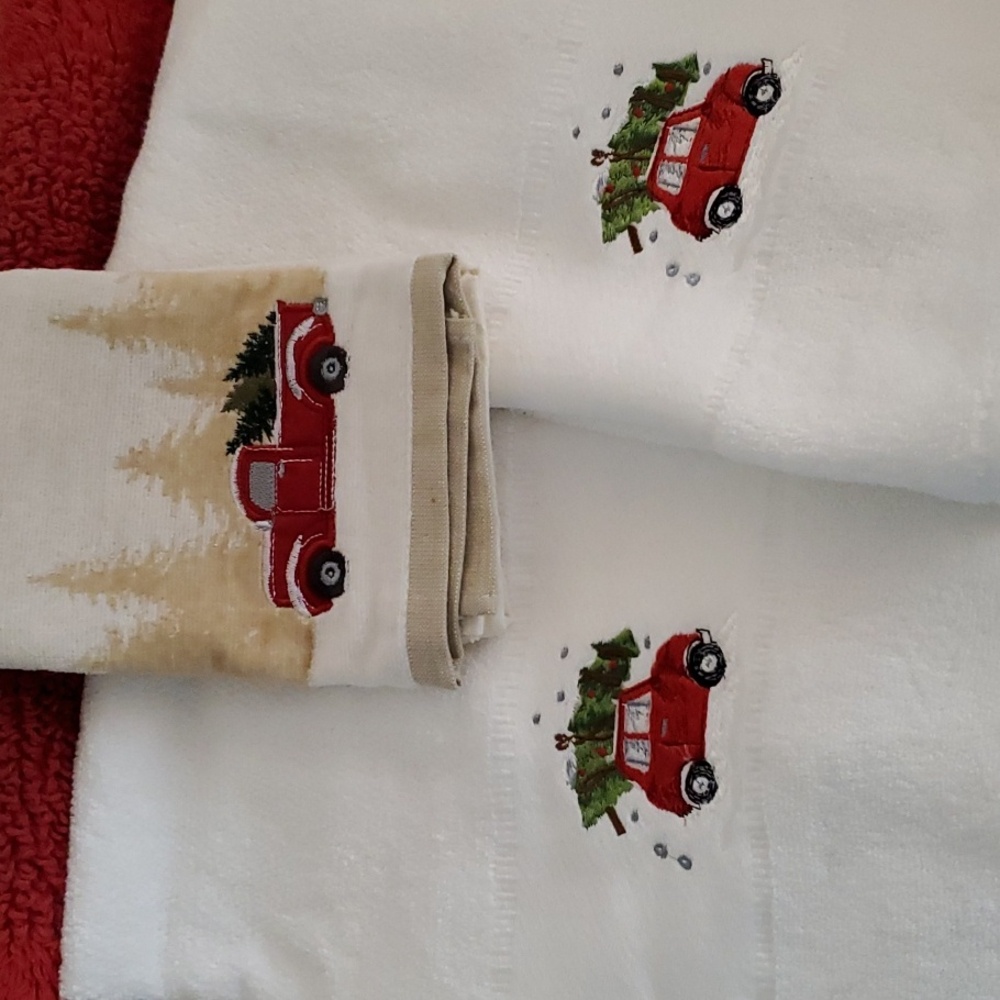 Four Piece Christmas Red Truck Towels And Red Rug